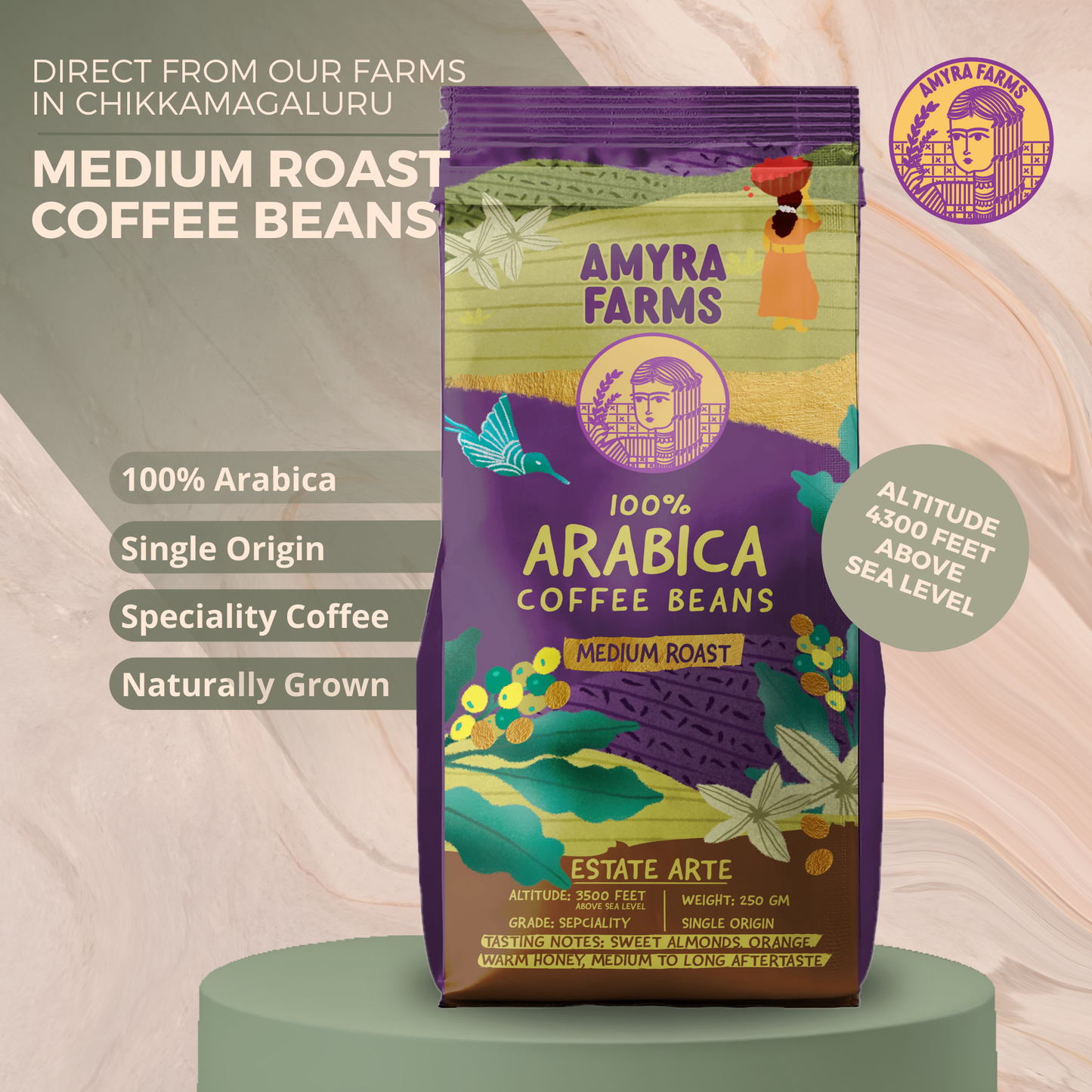 Amyra Farms Specialty 100% Arabica Coffee Beans – Medium Roast UAE - specifications