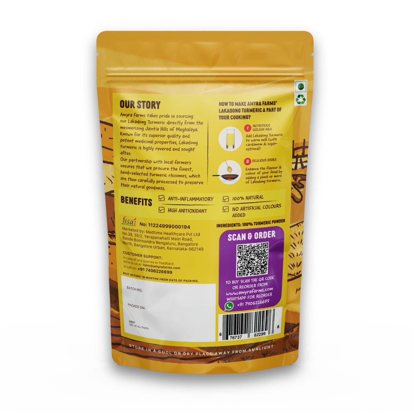 Amyra Farms Organic Lakadong Turmeric Powder – premium high curcumin turmeric from Meghalaya, India, now in UAE, Back Packet