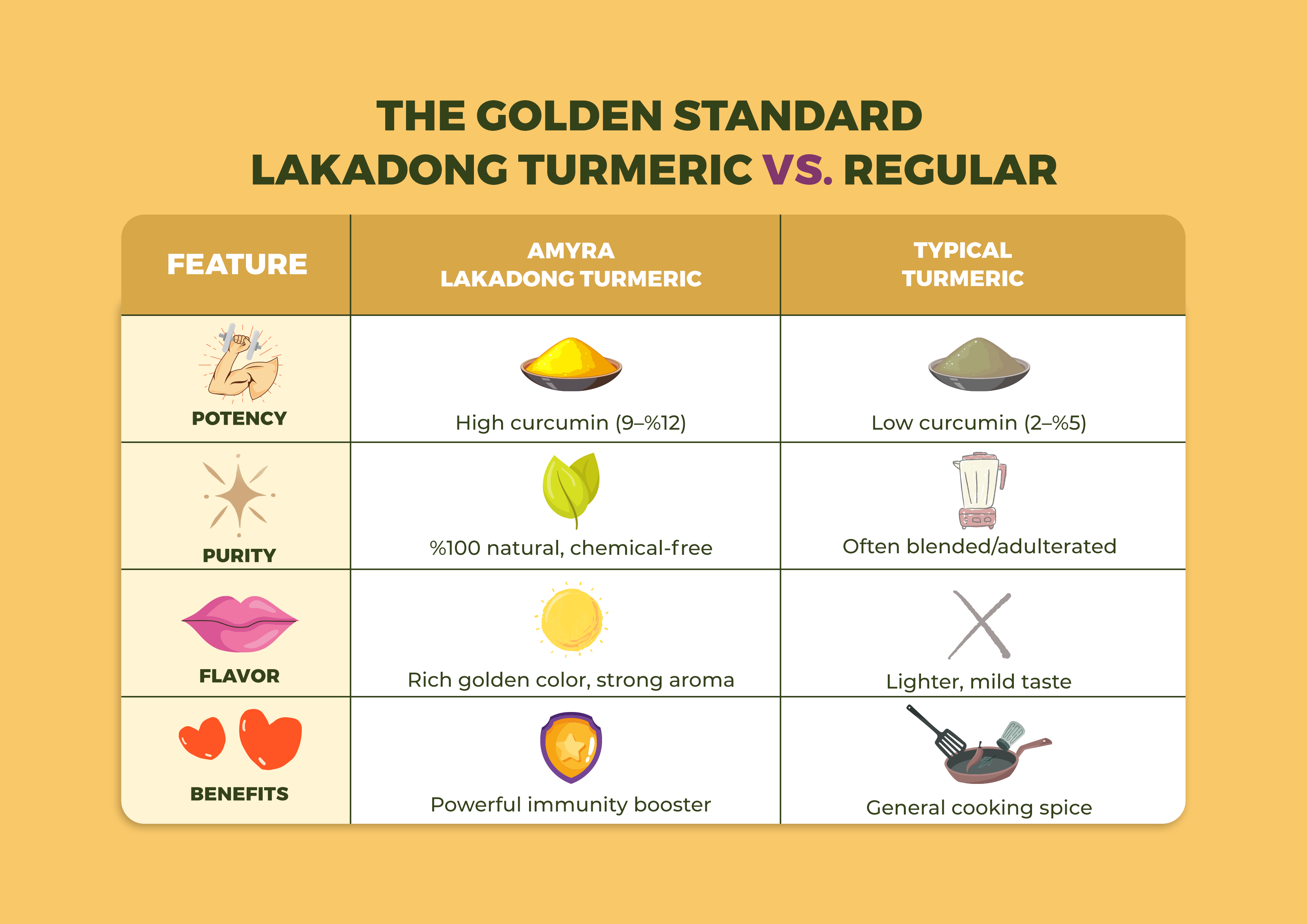 Lakadong turmeric vs regular turmeric comparison table — showing curcumin content, purity, flavor, and benefits.